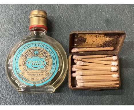 A VINTAGE BLUE AND GOLD EAU DE COLOGNE AND A TIN OF MATCHES 