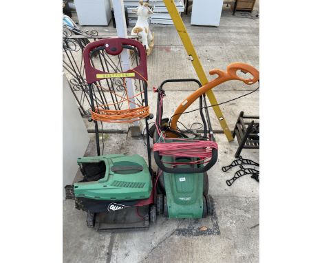 THREE GARDEN TOOLS TO INCLUDE A QUALCAST LAWNMOWER AND AN ELECTRIC STRIMMER ETC 