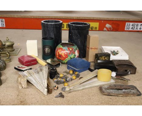 A MIXED LOT TO INCLUDE A SOAPSTONE ELEPHANT, MOTHER OF PEARL FAN, VINTAGE JEWELLERY BOXES, ETC., 