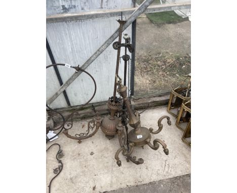 THREE VARIOUS VINTAGE CIELING LIGHT FITTINGS TO INCLUDE A BRASS FOUR BRANCH EXAMPLE AND A COPPER THREE BRANCH EXAMPLE ETC 