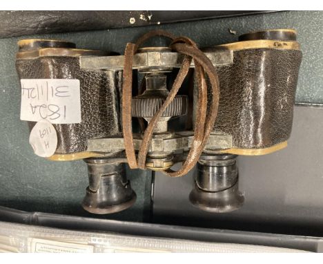 A PAIR OF VINTAGE BINOCULARS AND A BONE HANDLED CASED LETTER OPENER 