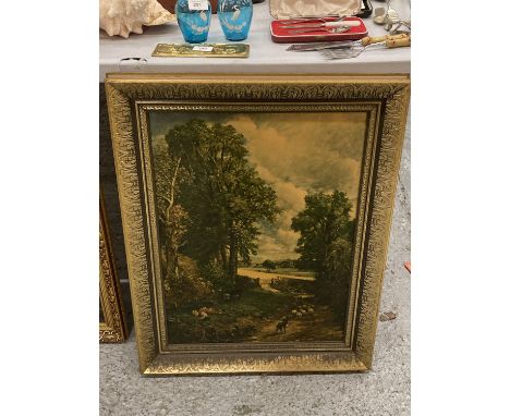 A GILT FRAMED PRINT OF A CONSTABLE BOY DRINKING WITH DOG AND SHEEP 