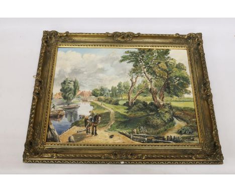 AN OIL OIN CANVAS OF A VINTAGE CANAL SCENE WITH A HORSE PULLING A BARGE, IN A GILT FRAME, 74CM X 60CM 
