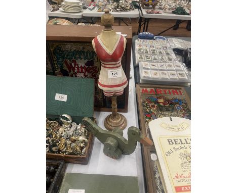 A WOODEN MODEL OF A DUCK AND SHOP DUMMY, HEIGHT 35CM 