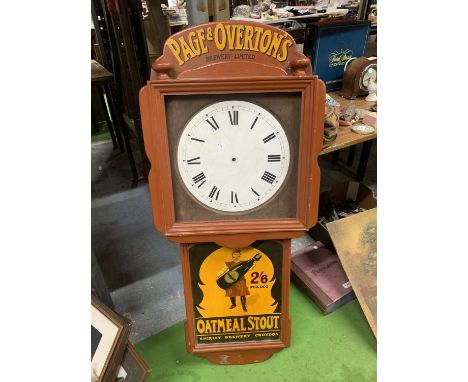 A PAGE &amp; OVERTON'S BREWERY 'OATMEAL STOUT' WOODEN ADVERTISING BOARD WITH A CLOCK FACE, 45CM X 107CM 