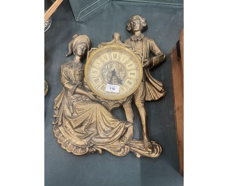 A LARGE GOLD COLOURED LORD AND LADY ROMAM WALL CLOCK, 20 INCH X 14 INCH 
