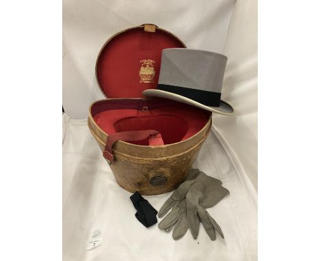 A VINTAGE WOODROW PICCADILLY LONDON GREY TOP HAT AND GLOVES IN A ROBERT HEATH LEATHER HAT BOX 