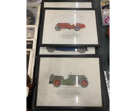 SIX FRAMED PRINTS OF VINTAGE CARS TO INCLUDE A 1930 AUSTIN 7 'ULSTER', 1926 SUNBEAM 3 LITRE, ETC 