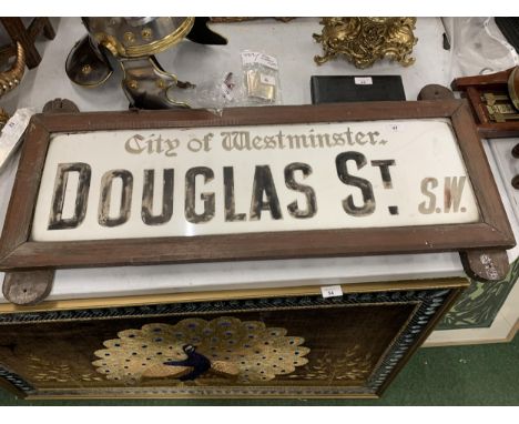 A WOODEN FRAMED ORIGINAL GLASS VINTAGE ROAD SIGN CITY OF WESTMINSTER DOUGLAS STREET SW 