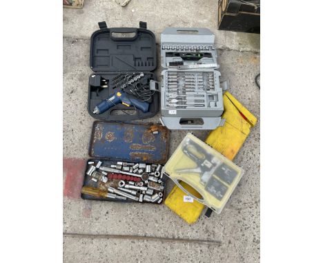 AN ASSORTMENT OF TOOLS TO INCLUDE SOCKET SETS AND DRILL BIT SETS ETC 