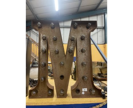 A GIANT FAIRGROUND METAL LIGHT UP LETTER M, 24 INCH X 21INCH 