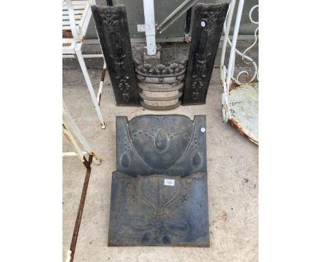 A VINTAGE DECORATIVE FIRE FRONT GRATE AND TWO FIRE HOODS 