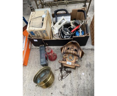 AN ASSORTMENT OF ITEMS TO INCLUDE A CUCKCOO CLOCK, A BRASS PLANTER AND ELECTRICALS ETC 