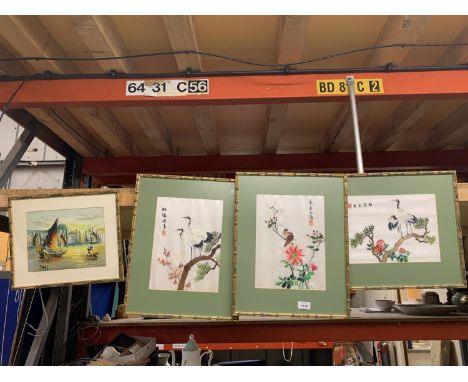 THREE ORIENTAL EMBROIDERY OF BIRDS ON SILK IN BAMBOO STYLE FRAMES, 36CM X 45CM PLUS AN OIL ON BOARD OF A FISHING JUNK SIGNED 