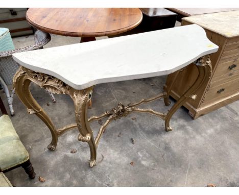 A 19TH CENTURY STYLE GILT EFFECT CONSOLE TABLE WITH SHAPED STRETCHERS AND LEGS, 51" WIDE 