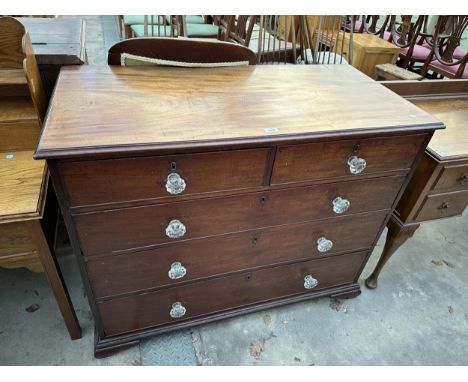 A 19TH CENTURY MAHOGANY CHEST OF TWO SHORT AND THREE LONG DRAWERS ON BRACKET FEET - 45" WIDE 