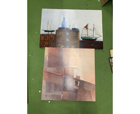 TWO PRINTS ON CANVAS TO INCLUDE AN ABSTRACT AND MODEL BOATS 