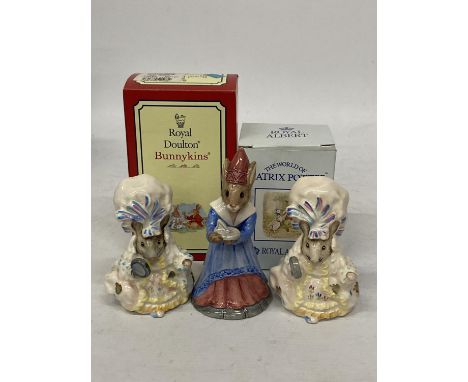 THREE BEATRIX POTTER FIGURES, BESWICK "LADY MOUSE" ROYAL DOULTON "SUNDIAL BUNNYKINS" AND ROYAL ALBERT "LADY MOUSE" 