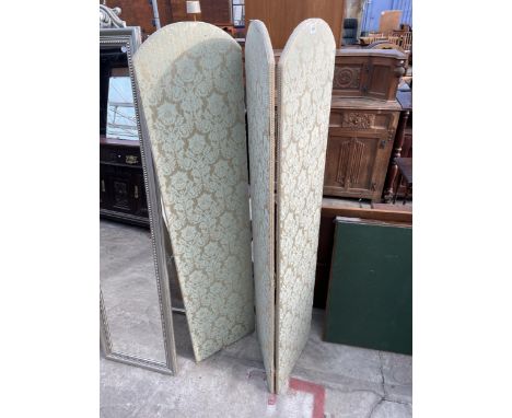 A MODERN JADE UPHOLSTERED THREE-DIVISION SCREEN 