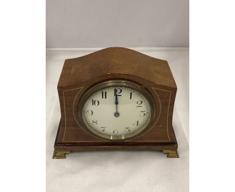 A SWISS MADE INLAID MANTLE CLOCK SEEN WORKING BUT NO WARRANTY 