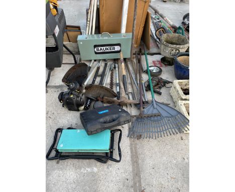 AN ASSORTMENT OF TOOLS TO INCLUDE A PETROL GRASS STRIMMER, JOCKEY WHEEL AND FORK ETC 