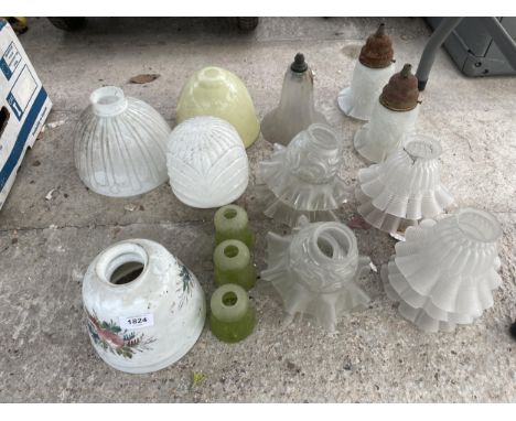 A LARGE ASSORTMENT OF VINTAGE AND RETRO GLASS LAMP SHADES 