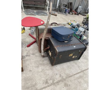 AN ASSORTMENT OF VINTAGE TRAVEL CASES, A TABLE AND A SCYTHE ETC 