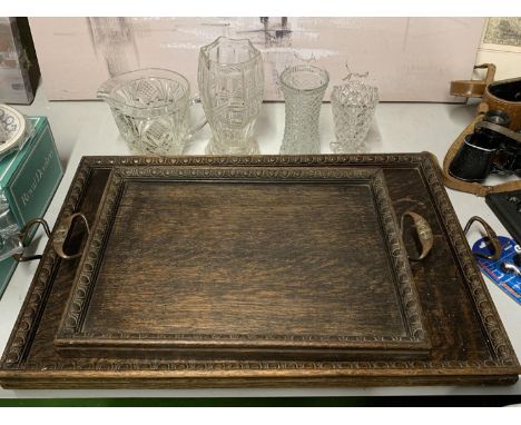TWO VINTAGE OAK TRAYS WITH COPPER HANDLES STAMPED 'DUNSTAN', GLASS VASES, ETC 