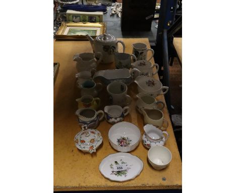 A LARGE COLLECTION OF CHINA AND CERAMIC JUGS TO INCLUDE ROYAL WORCESTER, SUSIE COOPER, AYNSLEY, SPODE, ETC PLUS A ROYAL WORCE