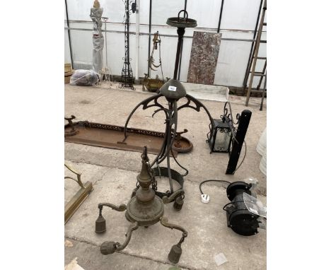A VINTAGE BRASS FIVE BRANCH CIELING LIGHT AND A FURTHER VINTAGE CIELING LIGHT FRAME 