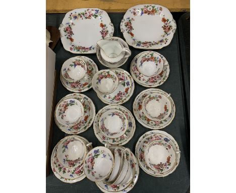 A VINTAGE FLORAL PATTERNED PART TEASET TO INCLUDE CAKE PLATES, CREAM JUG, SUGAR BOWL, CUPS, SAUCERS AND SIDE PLATES 