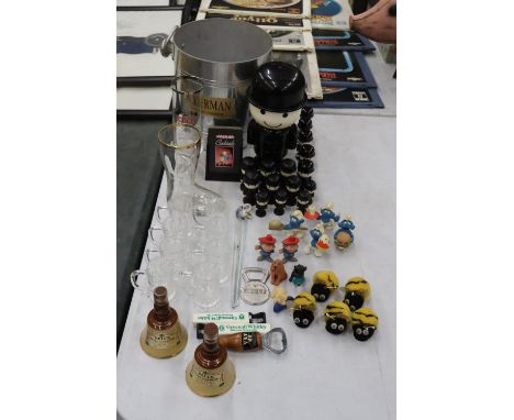 A LARGE QUANTITY OF VINTAGE ITEMS TO INCLUDE HOMEPRIDE MEN, MINIATURE BELLS DECANTERS, GLASSES, CHAMPAGNE BUCKET ETC 