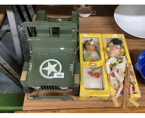 THREE PELHAM PUPPETS IN ORIGINAL BOXES TOGETHER WITH A USA ARMY JEEP 