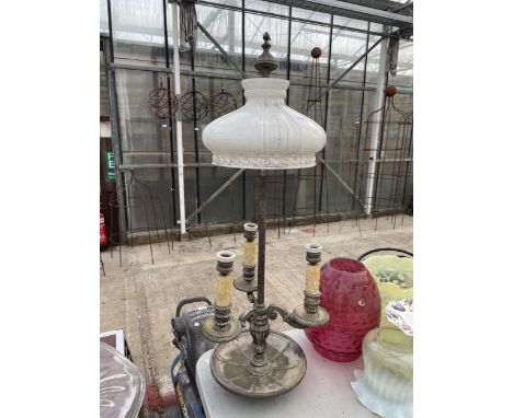 A LARGE VINTAGE THREE BRANCH LAMP WITH RETRO WHITE GLASS SHADE 