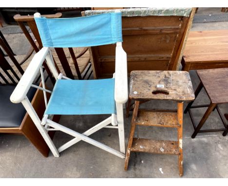 A SMALL SET OF VINTAGE STEPS AND A DIRECTORS CHAIR 