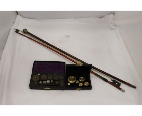 TWO VINTAGE BOXED SETS OF WEIGHTS PLUS A VIOLIN BOW AND A SWAGGER STICK 