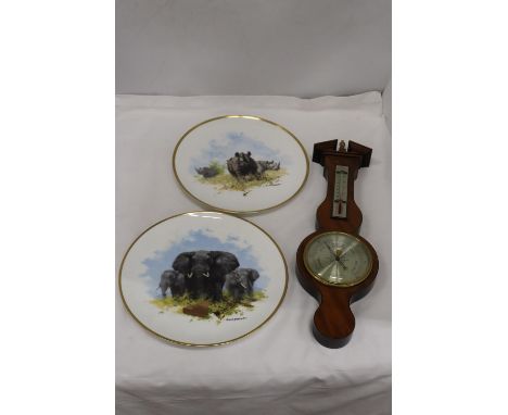 TWO WEDGWOOD DAVID SHEPHERD PLATES RHINOS AND ELEPHANTS AND A BAROMETER 