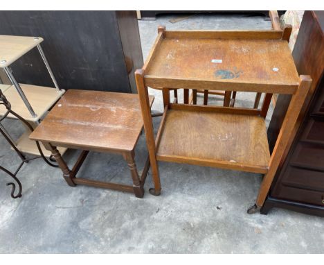 SMALL OAK LAMP TABLE AND TWO-TIER TROLLEY 