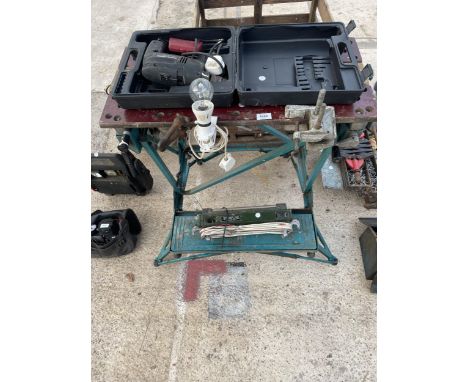 AN ASSORTMENT OF TOOLS TO INCLUDE A FOLDING WORK MATE, A BLACK AND DECKER DRILL AND A PENTHOUSE LAMP ETC 