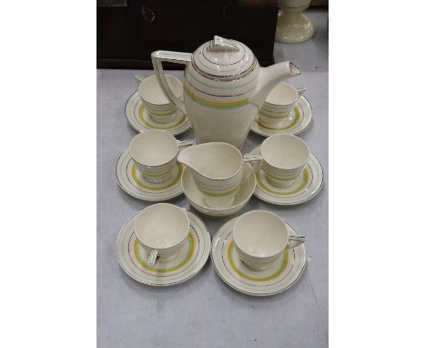 A WEDGWOOD ART DECO COFFEE SET TO INCLUDE A COFFEE POT, CREAM JUG, SUGAR BOWL, CUPS AND SAUCERS - 15 PIECES IN TOTAL 