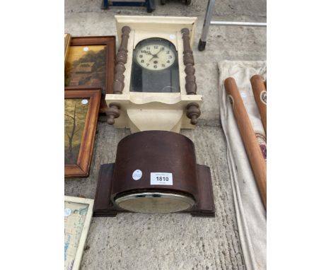 A MAHOGANY CHIMING MANTEL CLOCK AND A WALL CLOCK 