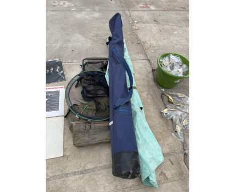 AN ASSORTMENT OF FISHING TACKLE TO INCLUDE A NET, CHAIR AND ROD ETC 