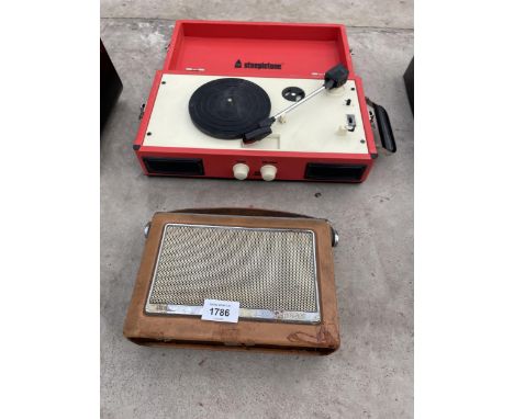 A PORTABLE STEEPLETONE RECORD PLAYER AND A VINTAGE BUSH RADIO 