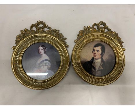 TWO ROUND GILT FRAMED PORTRAIT PRINTS OF A MAN AND A LADY, HEIGHT 24CM 
