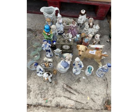 AN ASSORTMENT OF ITEMS TO INCLUDE CERAMIC FIGURES, A CLOCK AND GLASSES ETC 