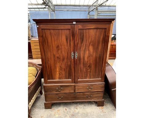 A GEORGIAN MAHOGANY PRESS WITH THREE SLIDES, ONE DRAWER TO THE UPPER PORTION,  AND TWO SHORT, ONE LONG DRAWER TO THE BASE. ON