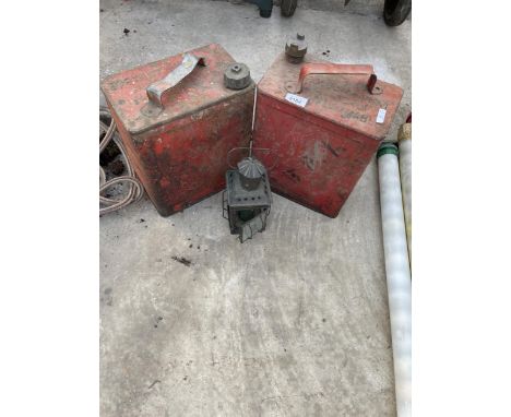 TWO VINTAGE FUEL CANS AND A CANDLE LANTERN 