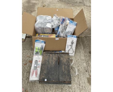 A LARGE ASSORTMENT OF TOOLS TO INCLUDE HAMMERS, CRIMPING TOOLS AND A TILE CUTTER ETC 