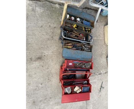 TWO METAL TOOL BOXES CONTAINING AN ASSORTMENT OF TOOLS TO INCLUDE SCREW DRIVERS, FILES AND HAMMERS ETC 