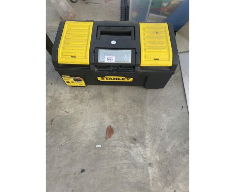 A PLASTIC STANLEY TOOL BOX CONTAINING AN ASSORTMENT OF TOOLS TO INCLUDE SPANNERS AND SCREW DRIVERS ETC 